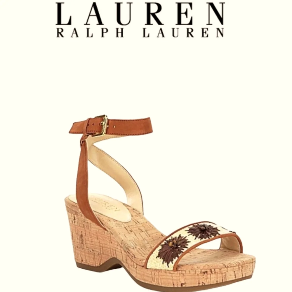 Lauren Ralph Lauren Nubuck/Straw  Odelia Cork Adjustable Ankle Strap Buckle 8B